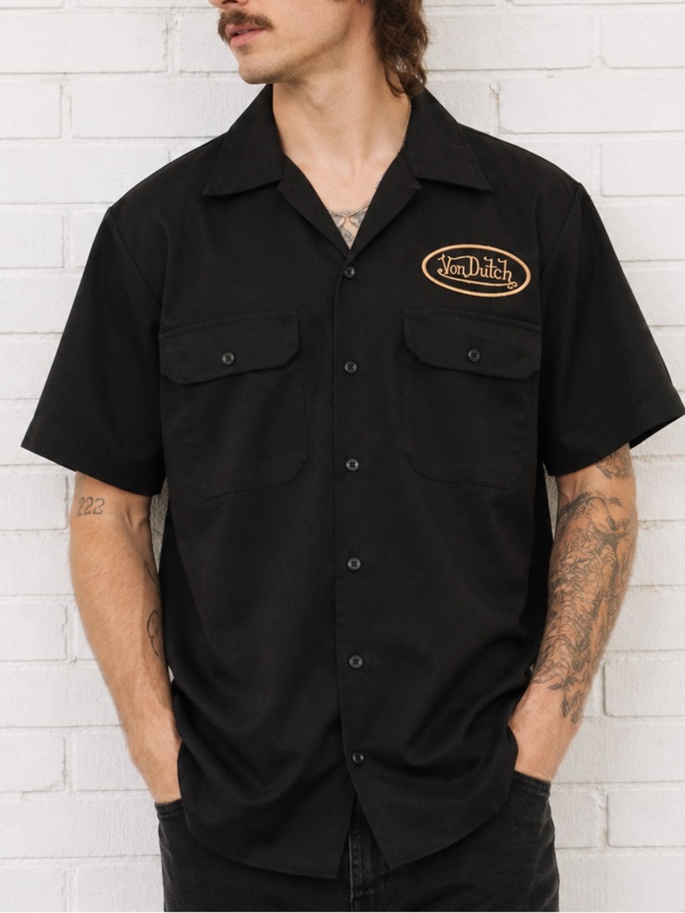 Vintage Y2K Von Dutch Originals Mechanic Work Shirt Black L Button Up